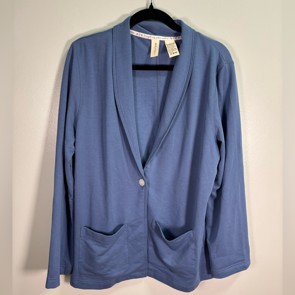 HUE Womens Shawl Collar Knit Blazer Cardigan Blueโ Large Cozy Loungewear